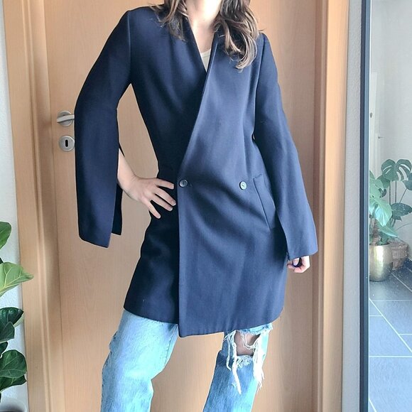 Zara Basic Outerwear Navy Blue Wool Longline Double Breasted Blazer Coat Size XS - Picture 14 of 15
